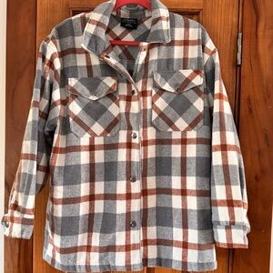 HFX Shacket Women’s Med Wool Blend Snap Shirt Plaid Shacket Gray Burnt Orange